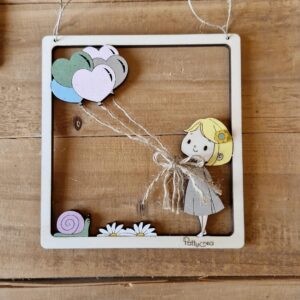Quadretto legno inciso laser con bimba dipinto a mano palloncini fiori  lumachina 15x14cm pattycrea 4711