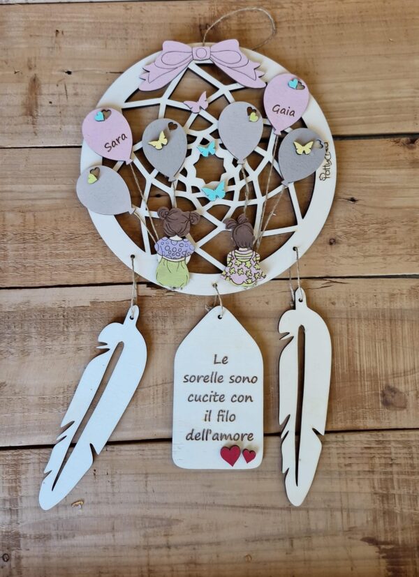Acchiappasogni con  bimbe palloncioni  frase personalizzabile dipinto a mano 20cm Pattycrea 4805
