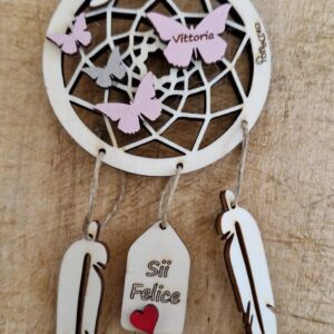 Acchiappasogni con farfalle frase personalizzabiledipinto a mano  in legno inciso H.8cm cod 4798 pattycrea