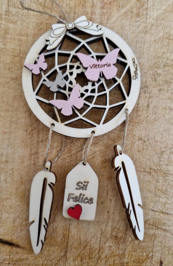 Acchiappasogni con farfalle frase personalizzabiledipinto a mano  in legno inciso H.8cm cod 4798 pattycrea