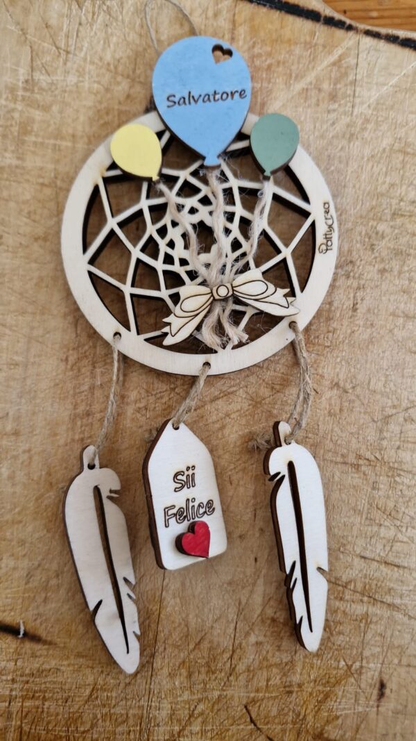 Acchiappasogni con palloncoini frase personalizzabiledipinto a mano  in legno inciso H.8cm cod 4797 pattycrea