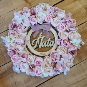 Ghirlanda doppio cerchio nascita rose ortensie scritta e nata fiori 25cm pattycrea 4831