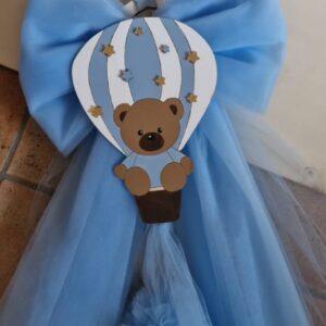 Fiocco nascita tulle con stella legno e tulle nome plexglass nuvole orsetto 25cm