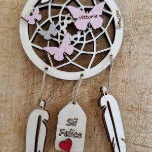 Acchiappasogni con farfalle frase personalizzabiledipinto a mano in legno inciso H.8cm cod 4798 pattycrea