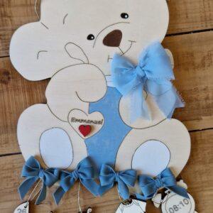 Orso nascita H.30cm con carrozzina elefante body e sveglia con dati nascita dipinto a mano cod4799 pattycrea