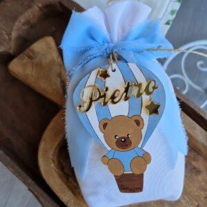 Sacchetto cotone17cm con mongolfiera 10cm dipinta a mano con stelline plexglas oro pattycrea