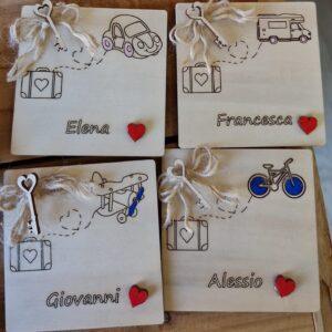 Segnaposto quadrato con mezzo di trasporto valigia cuore chiave 8x8cm 4849 pattycrea